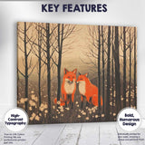 Woodland Red Fox Pair Forest Wildlife Linocut Style Canvas Wall Art Print Decor Picture Ready to Hang