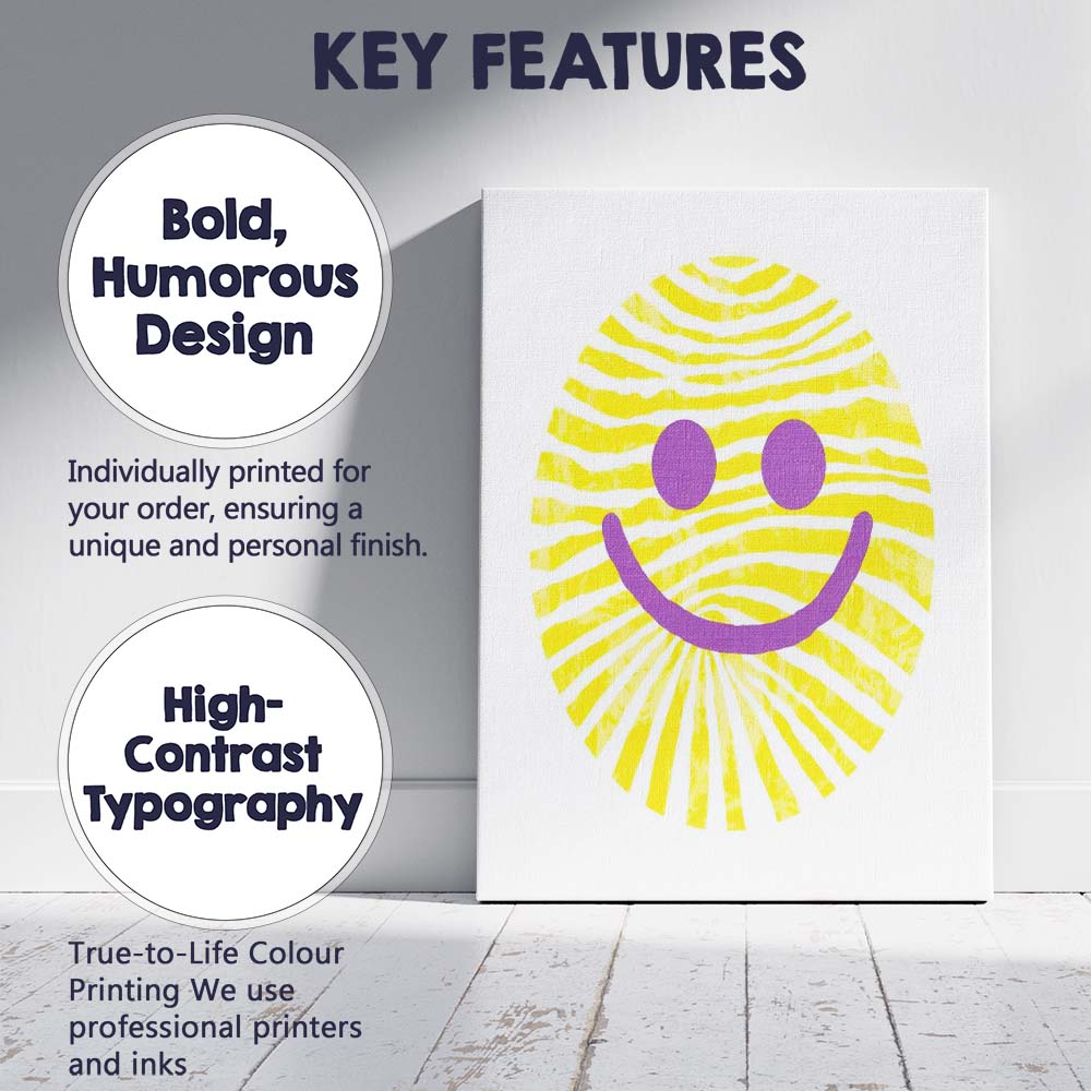 Abstract Yellow Smiley Face Minimalist Modern Illustration Canvas Wall Art Print Decor Picture Ready to Hang
