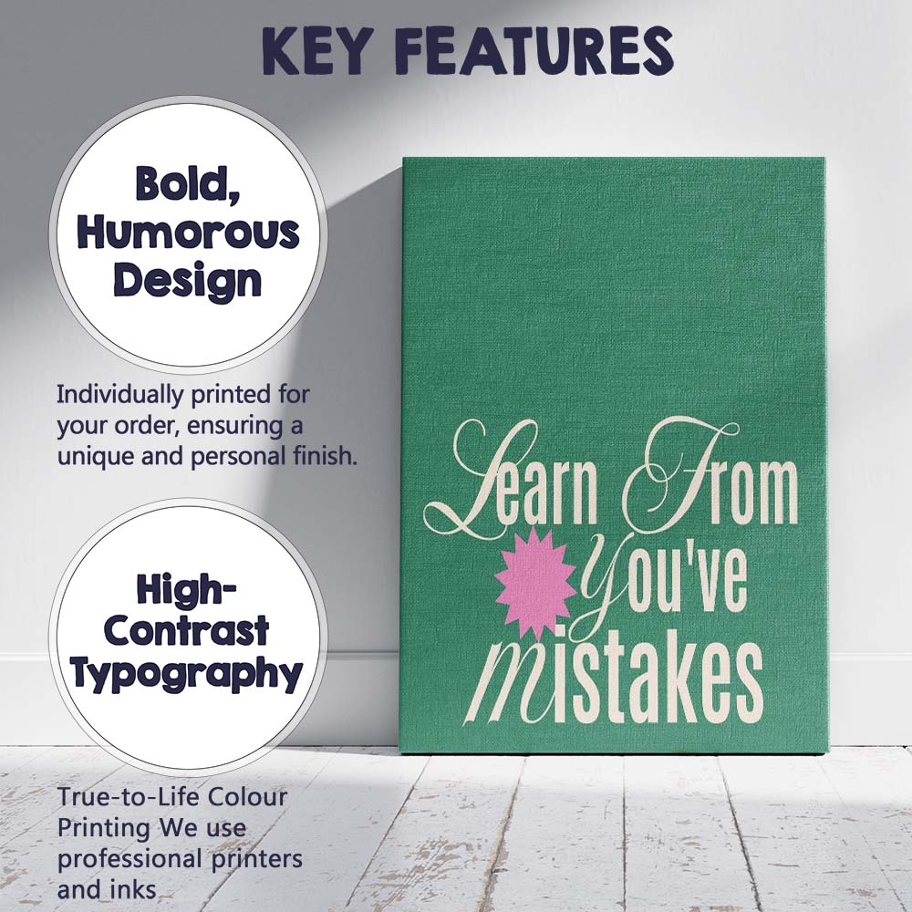 Elegant Learn From Your Mistakes Motivational Typography Canvas Wall Art Print Decor Picture Ready to Hang