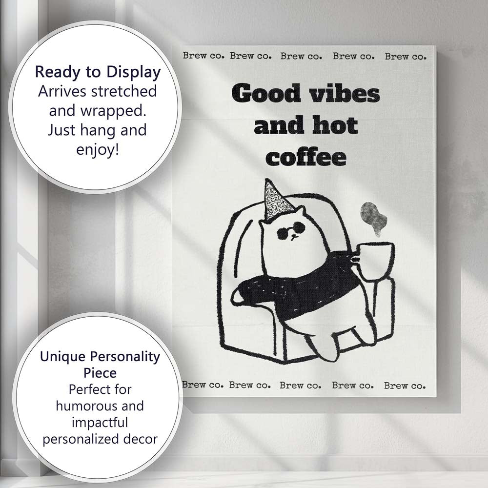 Cute Cat Drinking Coffee Good Vibes Typography Illustration Canvas Wall Art Print Decor Picture Ready to Hang
