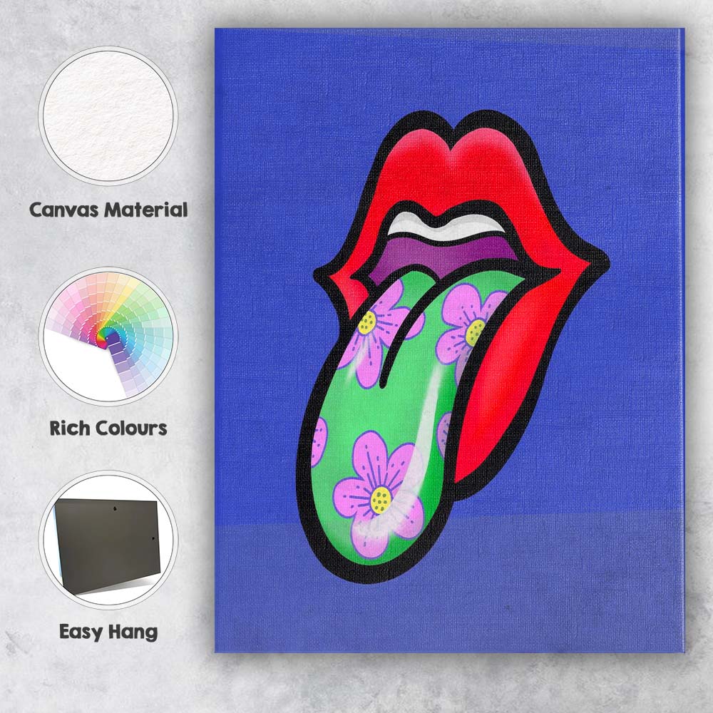 Pop Art Floral Tongue Lips Illustration Bold Graphic Canvas Wall Art Print Decor Picture Ready to Hang