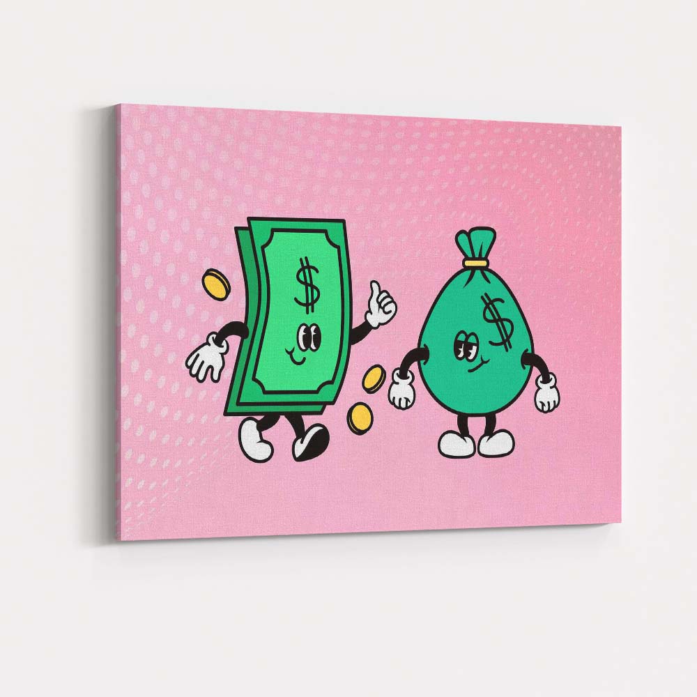 Cute Cartoon Money Cash Notes and Money Bag Illustration Canvas Wall Art Print Decor Picture Ready to Hang