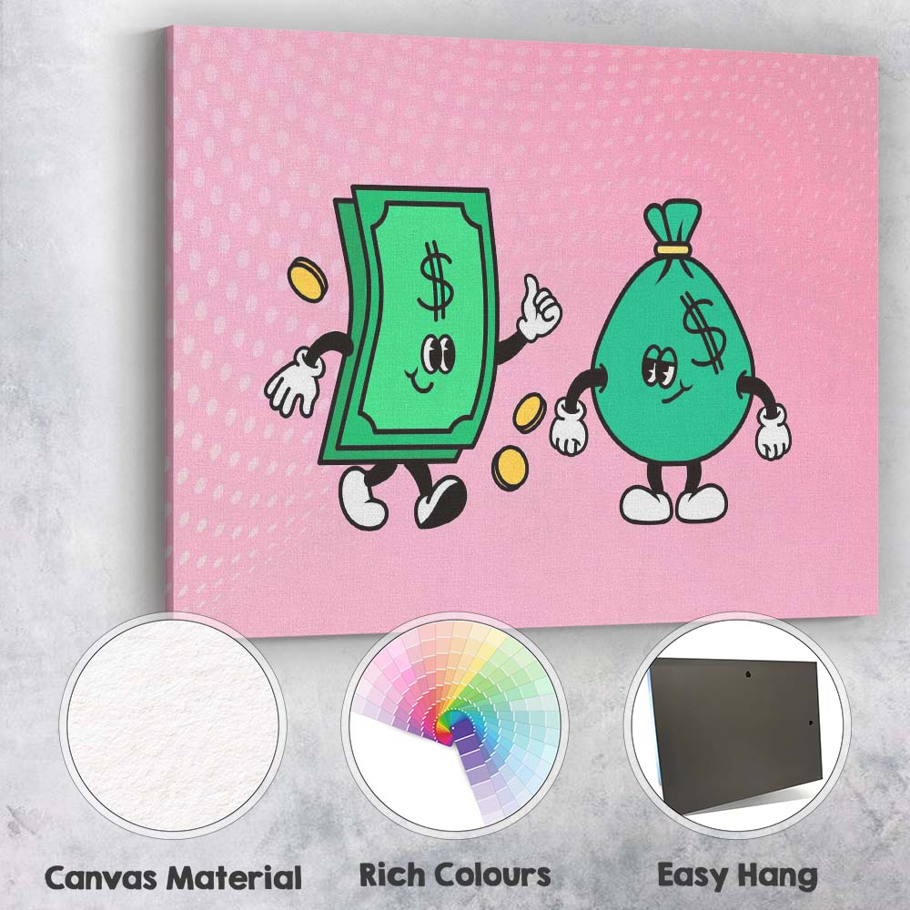 Cute Cartoon Money Cash Notes and Money Bag Illustration Canvas Wall Art Print Decor Picture Ready to Hang
