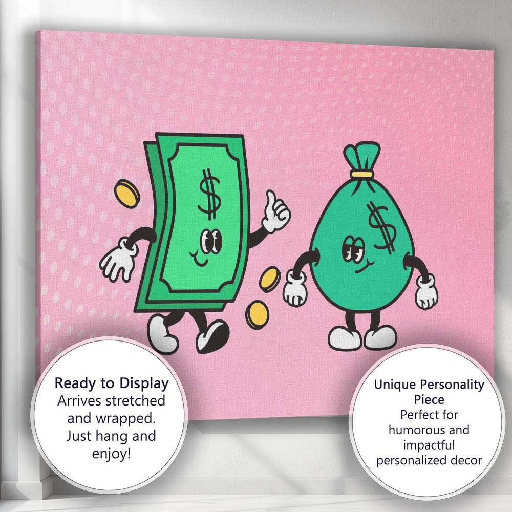 Cute Cartoon Money Cash Notes and Money Bag Illustration Canvas Wall Art Print Decor Picture Ready to Hang