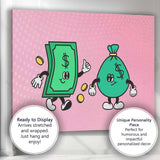 Cute Cartoon Money Cash Notes and Money Bag Illustration Canvas Wall Art Print Decor Picture Ready to Hang