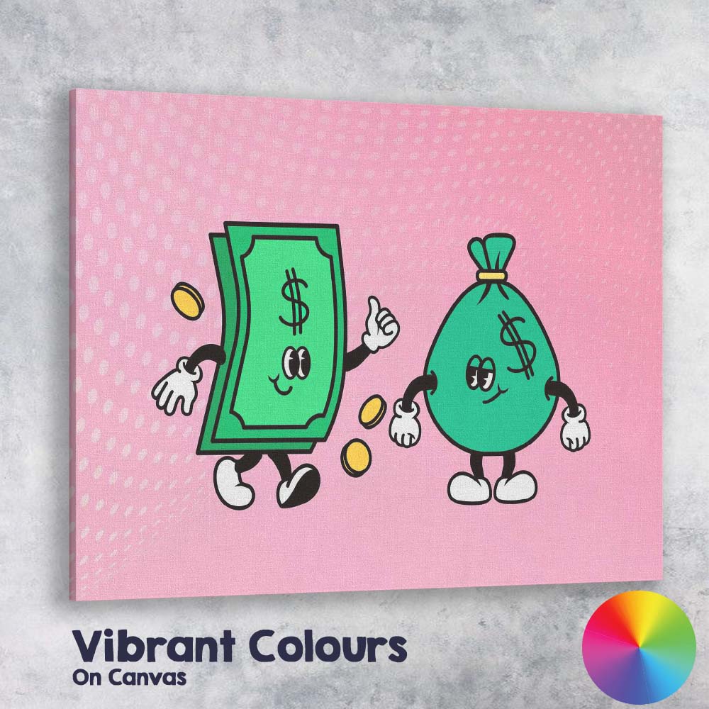 Cute Cartoon Money Cash Notes and Money Bag Illustration Canvas Wall Art Print Decor Picture Ready to Hang