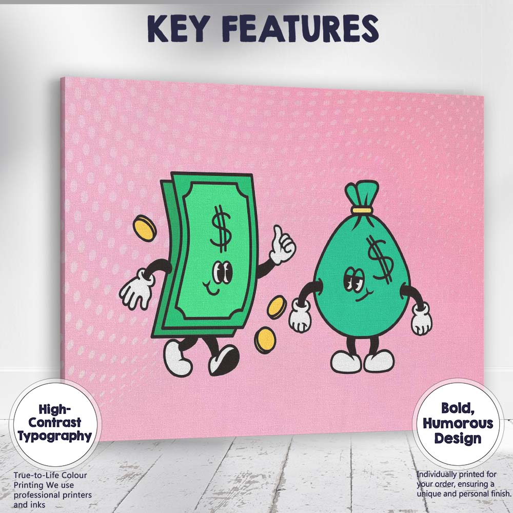 Cute Cartoon Money Cash Notes and Money Bag Illustration Canvas Wall Art Print Decor Picture Ready to Hang
