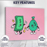 Cute Cartoon Money Cash Notes and Money Bag Illustration Canvas Wall Art Print Decor Picture Ready to Hang