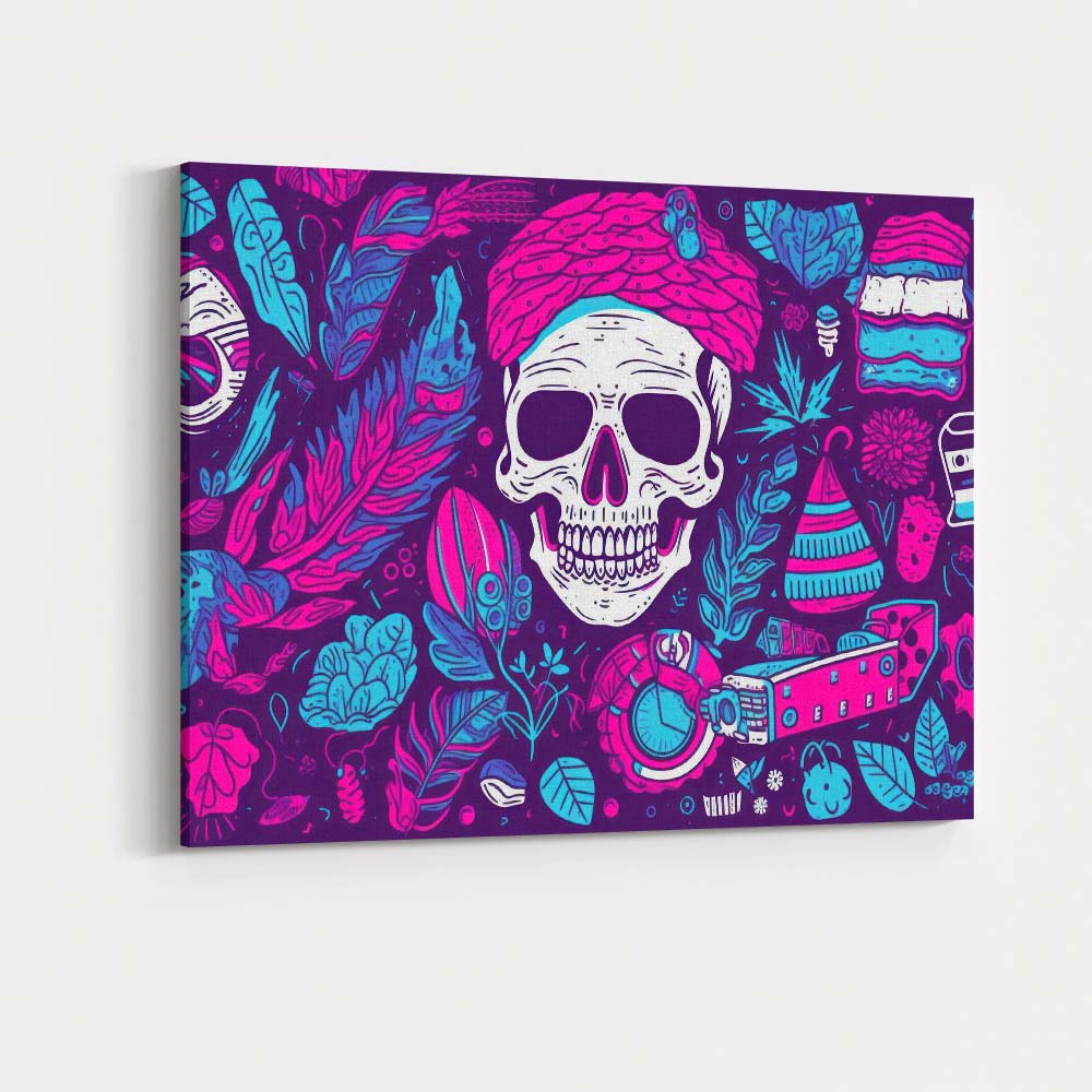 Neon Sugar Skull Floral Boho Folk Art Illustration Canvas Wall Art Print Decor Picture Ready to Hang