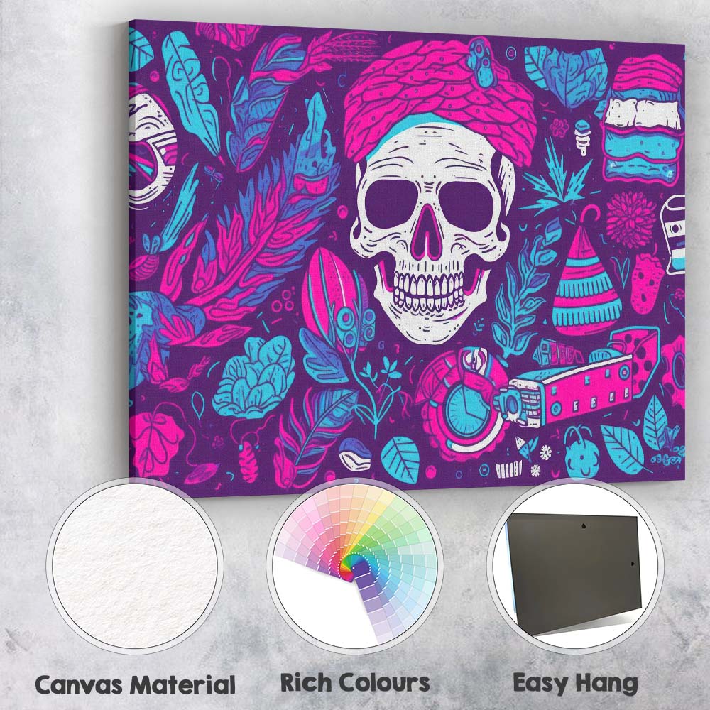 Neon Sugar Skull Floral Boho Folk Art Illustration Canvas Wall Art Print Decor Picture Ready to Hang