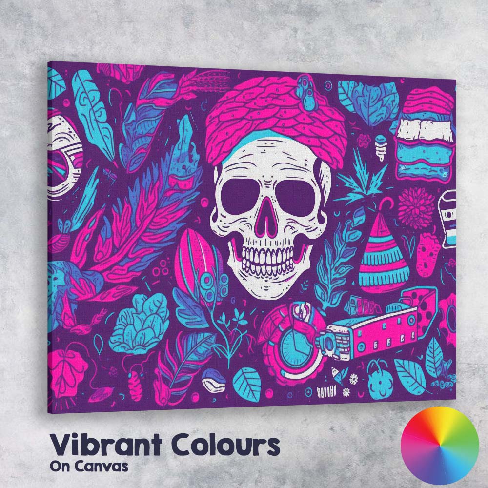 Neon Sugar Skull Floral Boho Folk Art Illustration Canvas Wall Art Print Decor Picture Ready to Hang