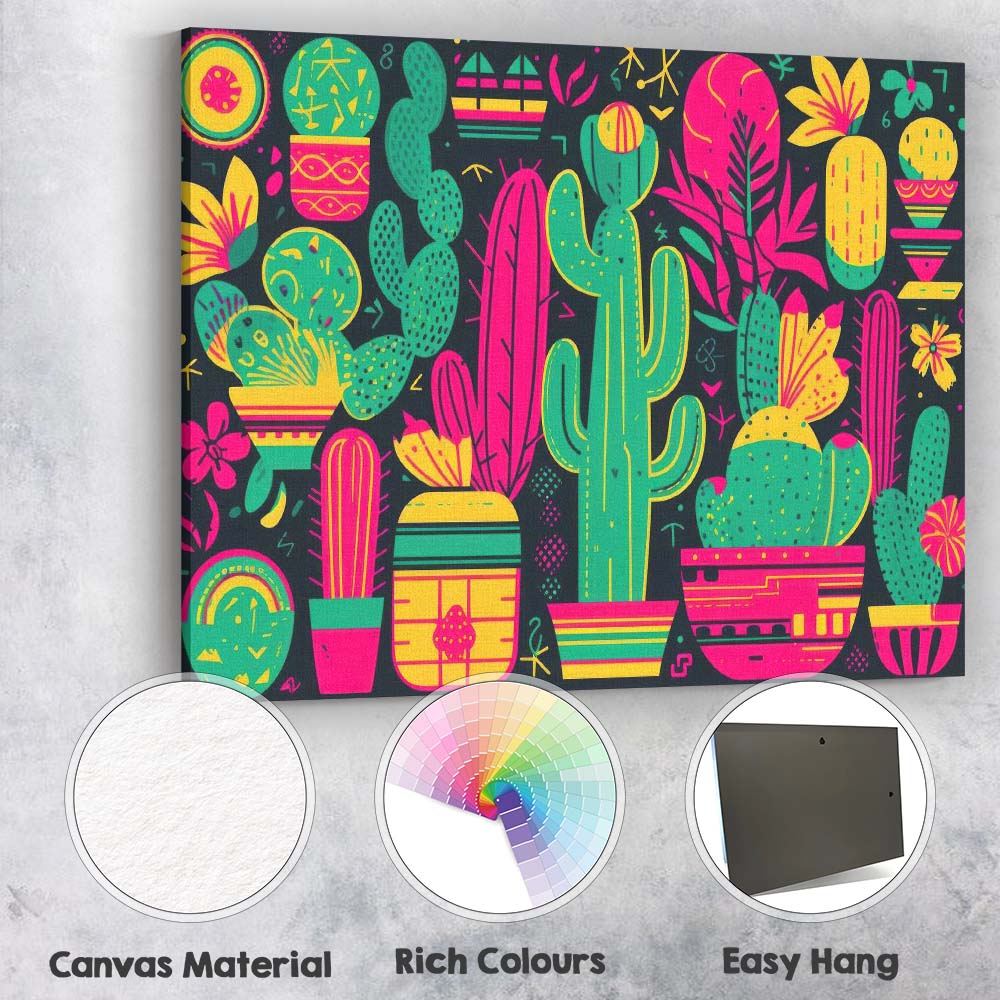Colourful Neon Cactus Botanical Desert Pattern Canvas Wall Art Print Decor Picture Ready to Hang