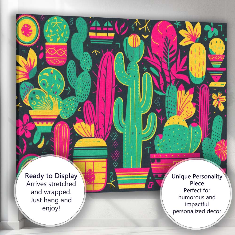 Colourful Neon Cactus Botanical Desert Pattern Canvas Wall Art Print Decor Picture Ready to Hang