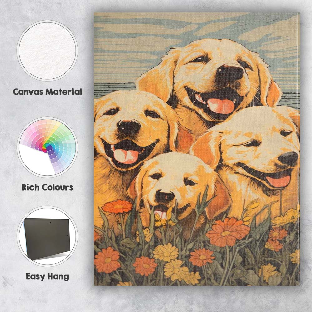 Happy Golden Retriever Family Floral Meadow Illustration Canvas Wall Art Print Decor Picture Ready to Hang