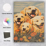 Happy Golden Retriever Family Floral Meadow Illustration Canvas Wall Art Print Decor Picture Ready to Hang
