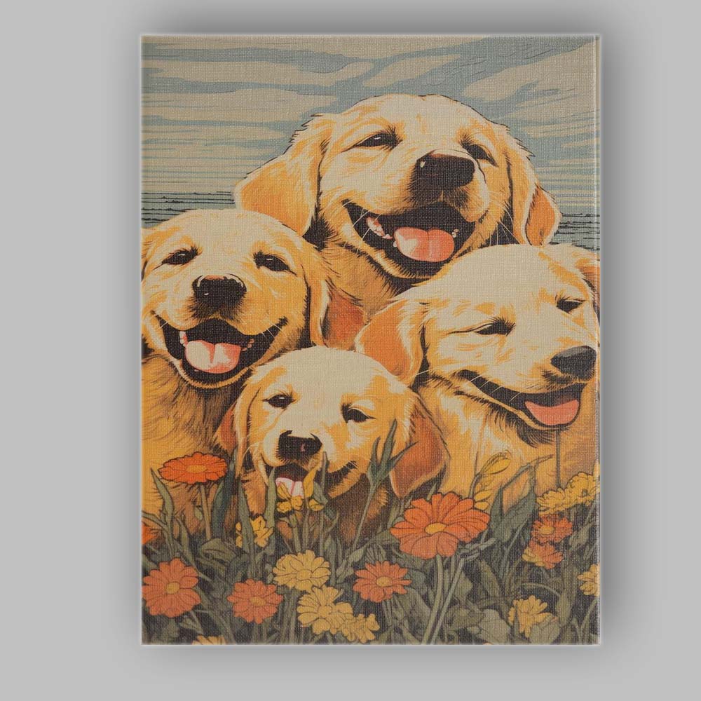 Happy Golden Retriever Family Floral Meadow Illustration Canvas Wall Art Print Decor Picture Ready to Hang