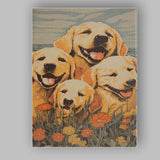 Happy Golden Retriever Family Floral Meadow Illustration Canvas Wall Art Print Decor Picture Ready to Hang