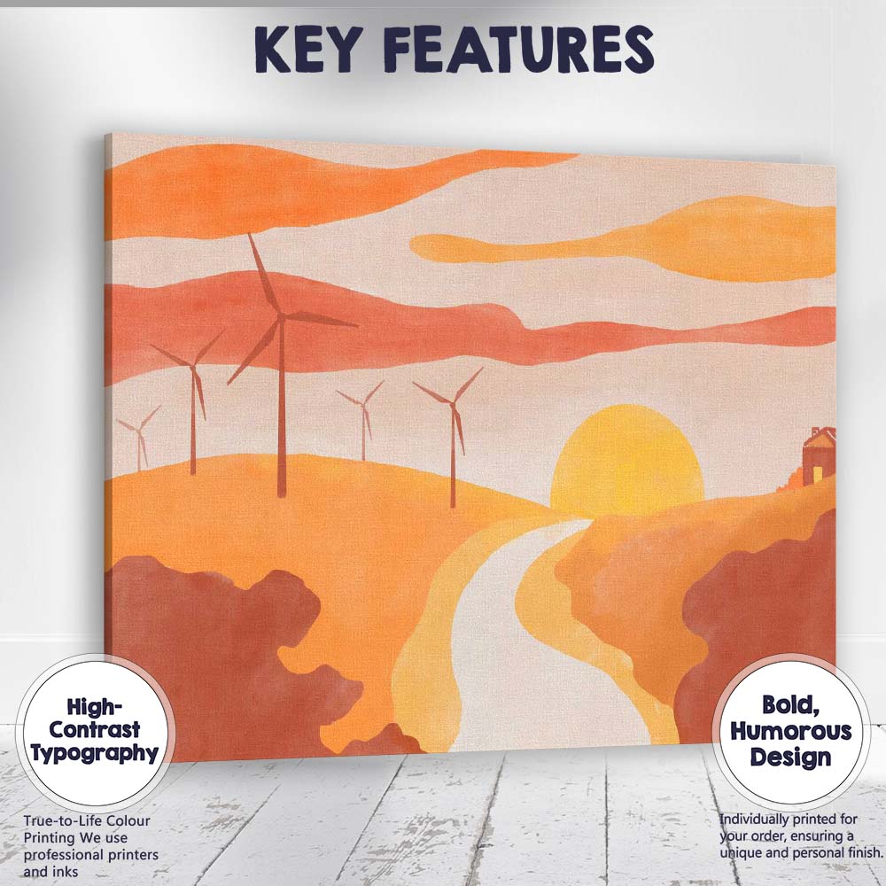 Minimalist Wind Turbine Sunset Landscape Canvas Wall Art Print Decor Picture Ready to Hang