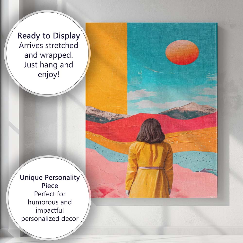 Colourful Surreal Desert Landscape Woman Looking Ahead Canvas Wall Art Print Decor Picture Ready to Hang