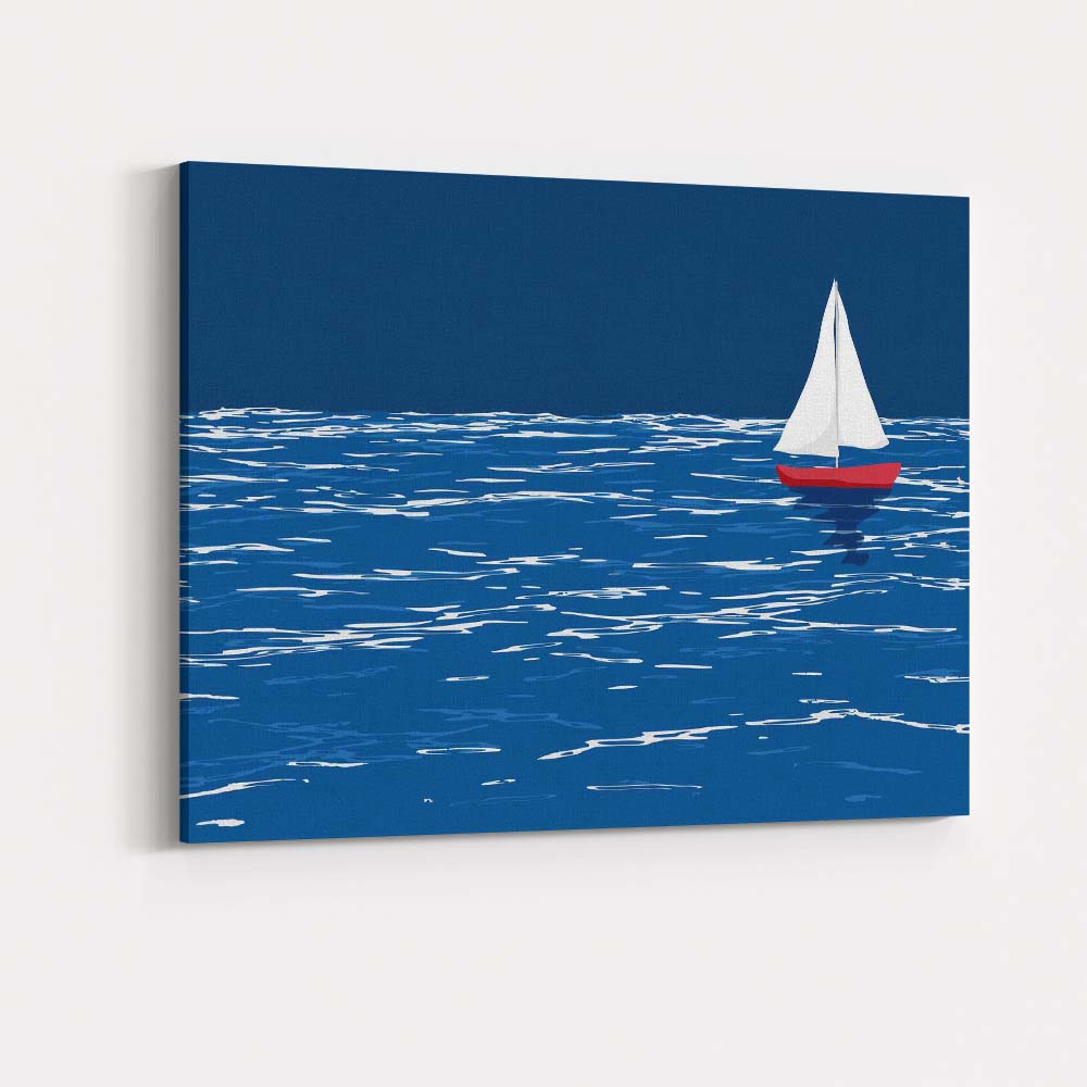 Minimalist White Sailboat Blue Ocean Seascape Illustration Canvas Wall Art Print Decor Picture Ready to Hang