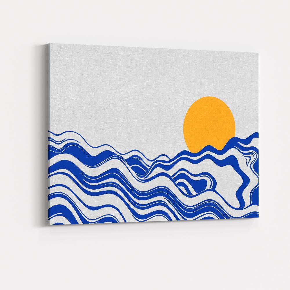 Abstract Blue Ocean Waves Golden Sun Minimalist Landscape Canvas Wall Art Print Decor Picture Ready to Hang
