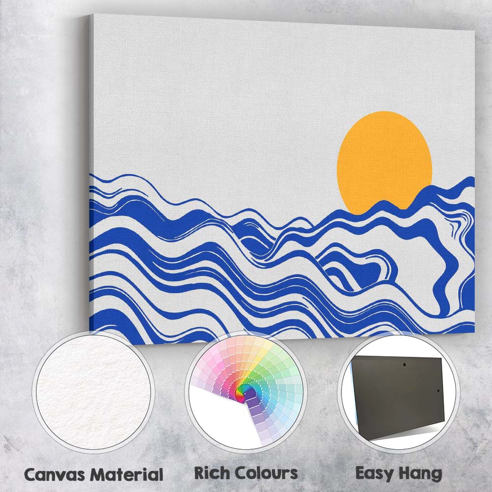 Abstract Blue Ocean Waves Golden Sun Minimalist Landscape Canvas Wall Art Print Decor Picture Ready to Hang