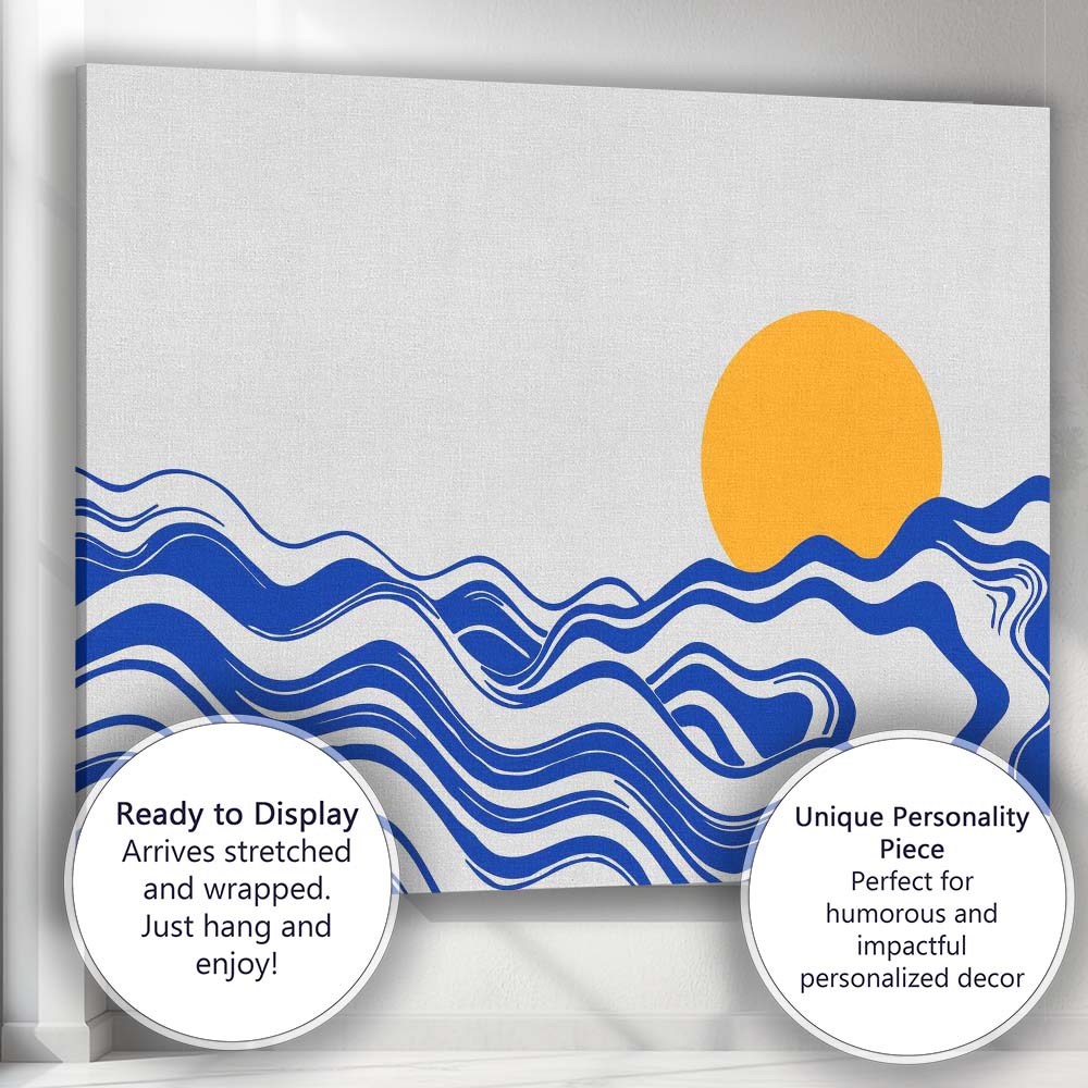 Abstract Blue Ocean Waves Golden Sun Minimalist Landscape Canvas Wall Art Print Decor Picture Ready to Hang