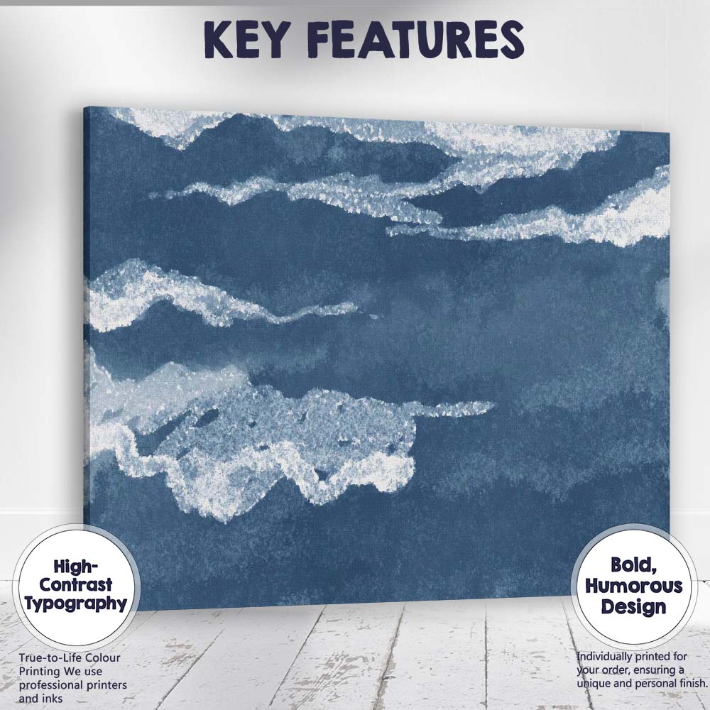 Indigo Watercolour Ocean Waves Coastal Abstract Painting Canvas Wall Art Print Decor Picture Ready to Hang