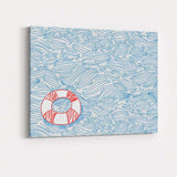 Blue Line Ocean Water Ripples Lifebuoy Minimalist Coastal Illustration Canvas Wall Art Print Decor Picture Ready to Hang