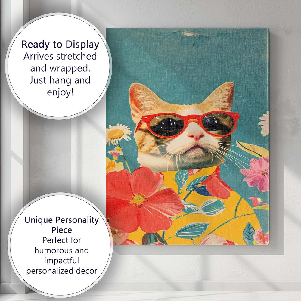 Cool Ginger Cat Wearing Red Sunglasses Floral Pop Art Canvas Wall Art Print Decor Picture Ready to Hang
