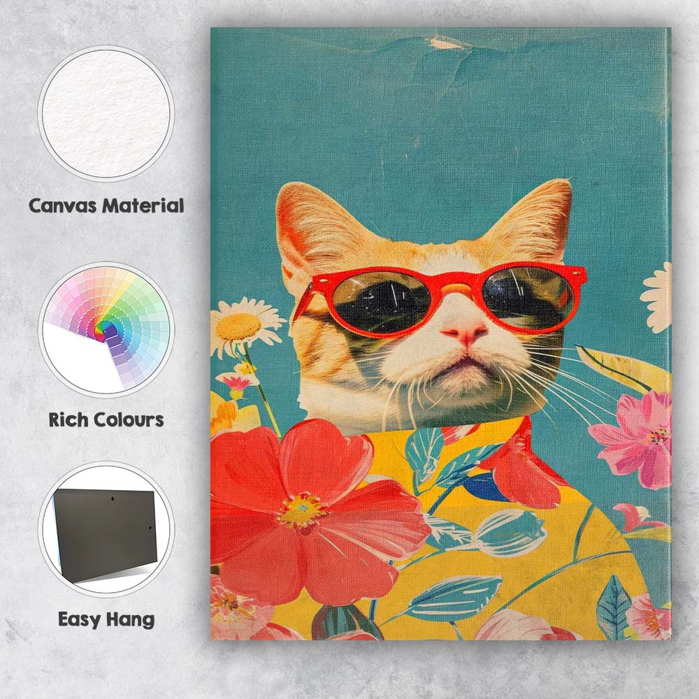 Cool Ginger Cat Wearing Red Sunglasses Floral Pop Art Canvas Wall Art Print Decor Picture Ready to Hang