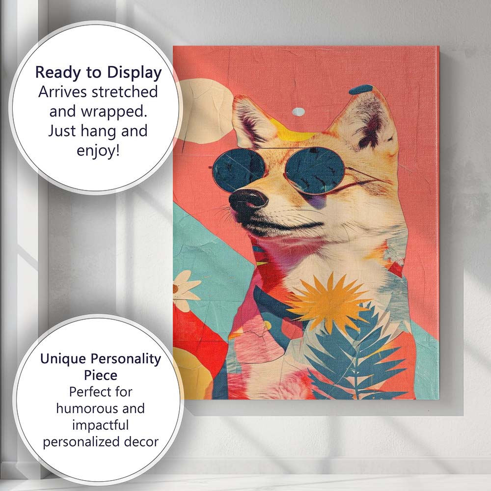 Cool Shiba Inu Dog Wearing Sunglasses Floral Pop Art Portrait Canvas Wall Art Print Decor Picture Ready to Hang