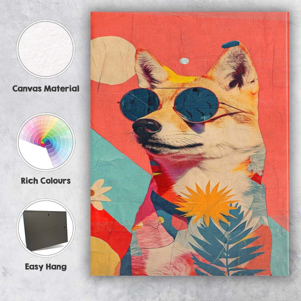 Cool Shiba Inu Dog Wearing Sunglasses Floral Pop Art Portrait Canvas Wall Art Print Decor Picture Ready to Hang