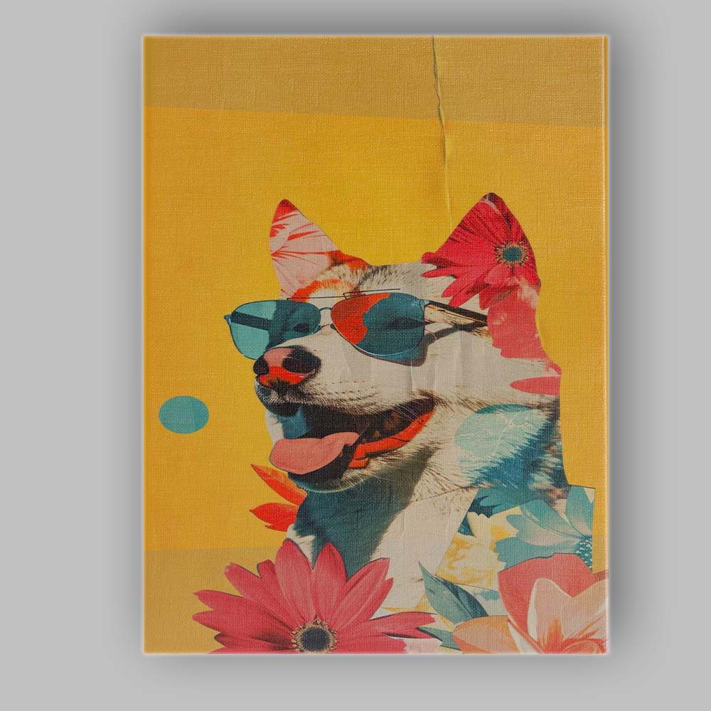 Happy Husky Dog Wearing Aviator Sunglasses Floral Collage Canvas Wall Art Print Decor Picture Ready to Hang