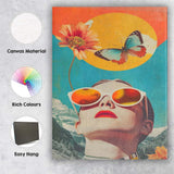 Retro Woman With White Sunglasses Butterfly Mountain Collage Canvas Wall Art Print Decor Picture Ready to Hang