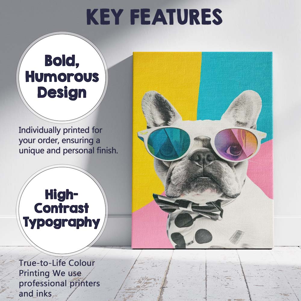 Stylish French Bulldog Wearing Sunglasses Modern Pop Art Portrait Canvas Wall Art Print Decor Picture Ready to Hang