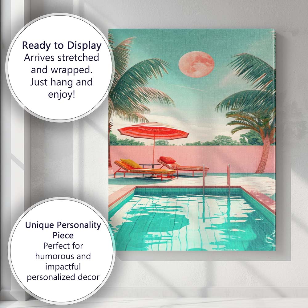 Tropical Poolside Paradise Palm Trees Pink Moon Summer Canvas Wall Art Print Decor Picture Ready to Hang