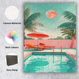 Tropical Poolside Paradise Palm Trees Pink Moon Summer Canvas Wall Art Print Decor Picture Ready to Hang