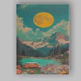 Retro Camper Van By Turquoise Mountain Lake Scenic Landscape Canvas Wall Art Print Decor Picture Ready to Hang