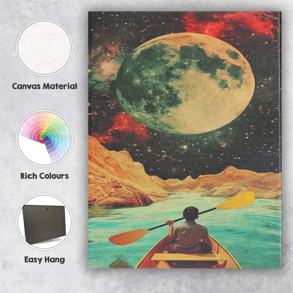 Surreal Cosmic Moon Kayak Adventure Landscape Canvas Wall Art Print Decor Picture Ready to Hang