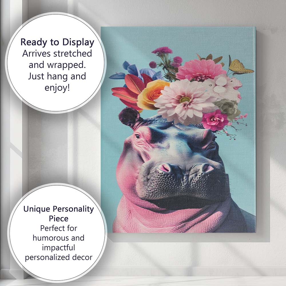 Whimsical Floral Hippopotamus Portrait Butterfly Animal Canvas Wall Art Print Decor Picture Ready to Hang