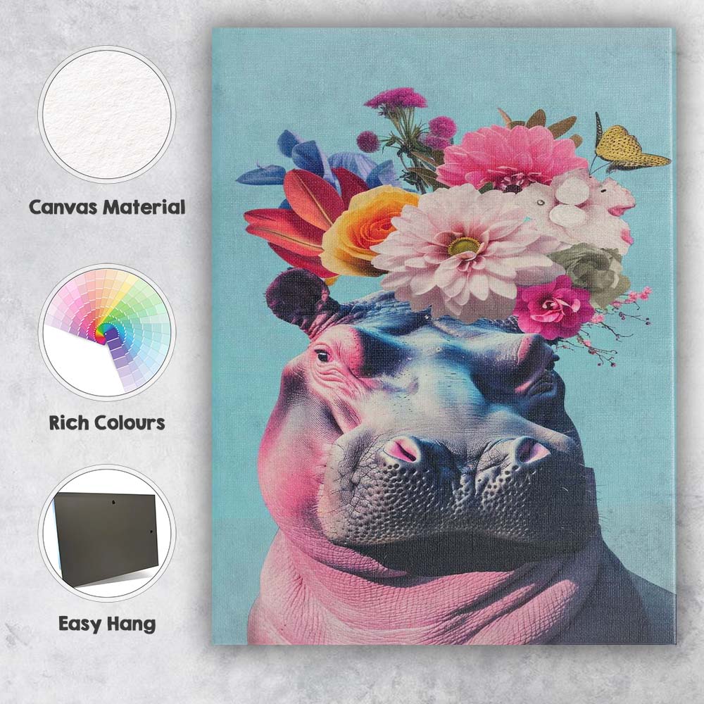 Whimsical Floral Hippopotamus Portrait Butterfly Animal Canvas Wall Art Print Decor Picture Ready to Hang