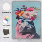 Whimsical Floral Hippopotamus Portrait Butterfly Animal Canvas Wall Art Print Decor Picture Ready to Hang