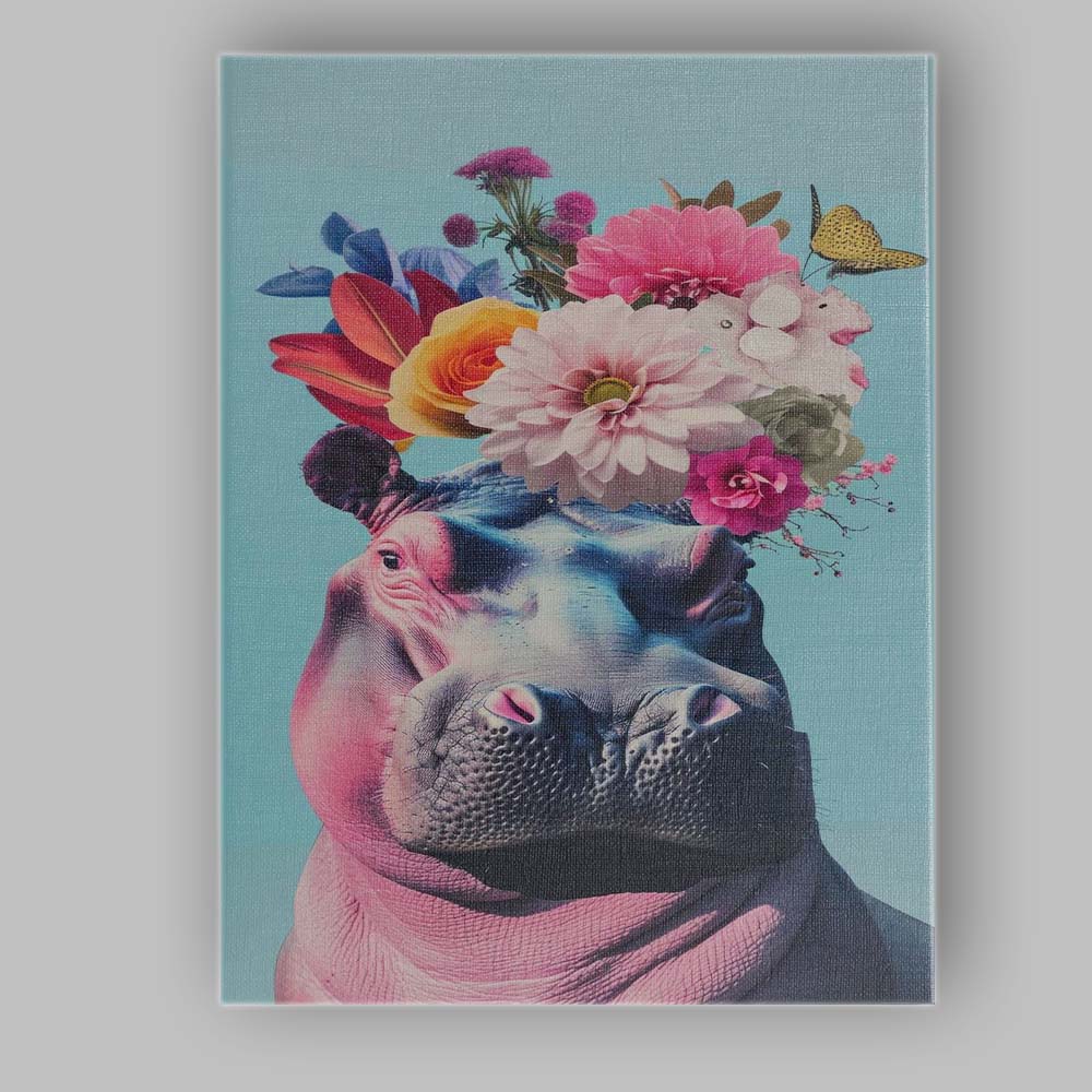 Whimsical Floral Hippopotamus Portrait Butterfly Animal Canvas Wall Art Print Decor Picture Ready to Hang