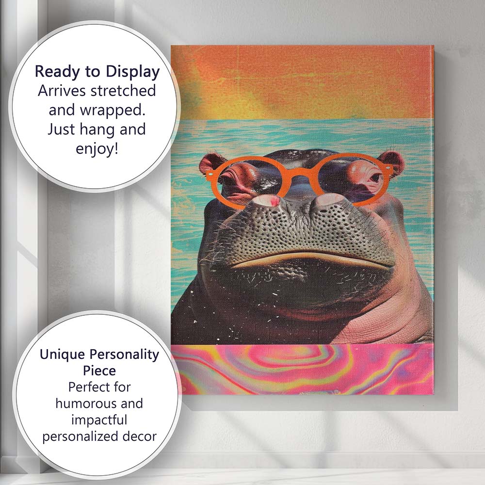 Cool Hippopotamus Wearing Orange Sunglasses Pop Art Animal Portrait Canvas Wall Art Print Decor Picture Ready to Hang