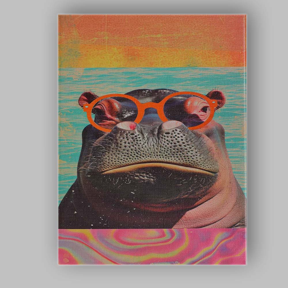 Cool Hippopotamus Wearing Orange Sunglasses Pop Art Animal Portrait Canvas Wall Art Print Decor Picture Ready to Hang