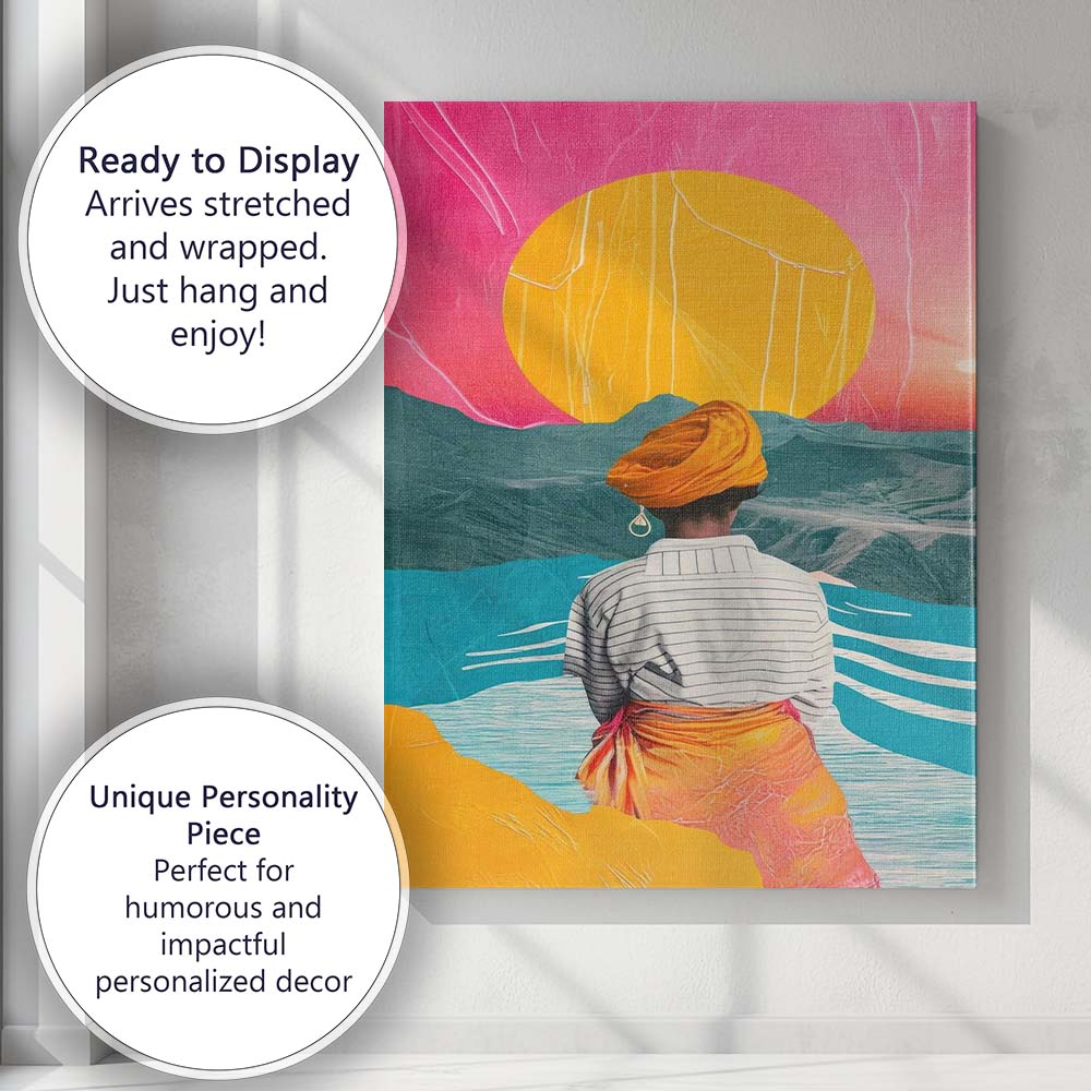 Vibrant Sunset Riverside Figure Surreal Landscape Collage Canvas Wall Art Print Decor Picture Ready to Hang