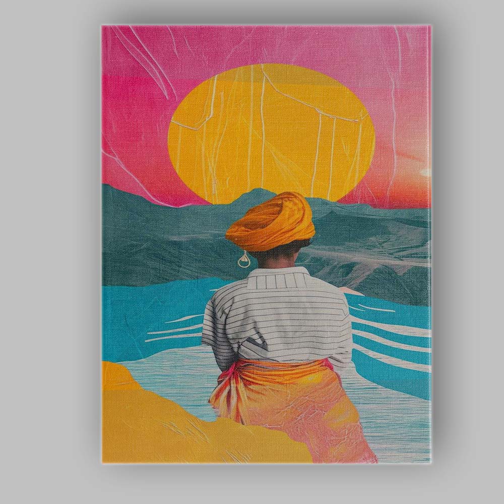 Vibrant Sunset Riverside Figure Surreal Landscape Collage Canvas Wall Art Print Decor Picture Ready to Hang