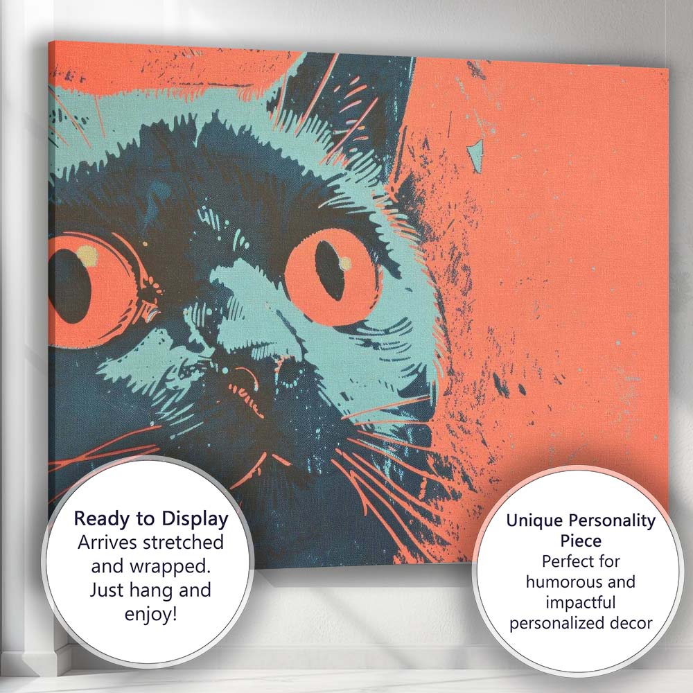 Retro Wide Eyed Black Cat Pop Art Illustration Canvas Wall Art Print Decor Picture Ready to Hang
