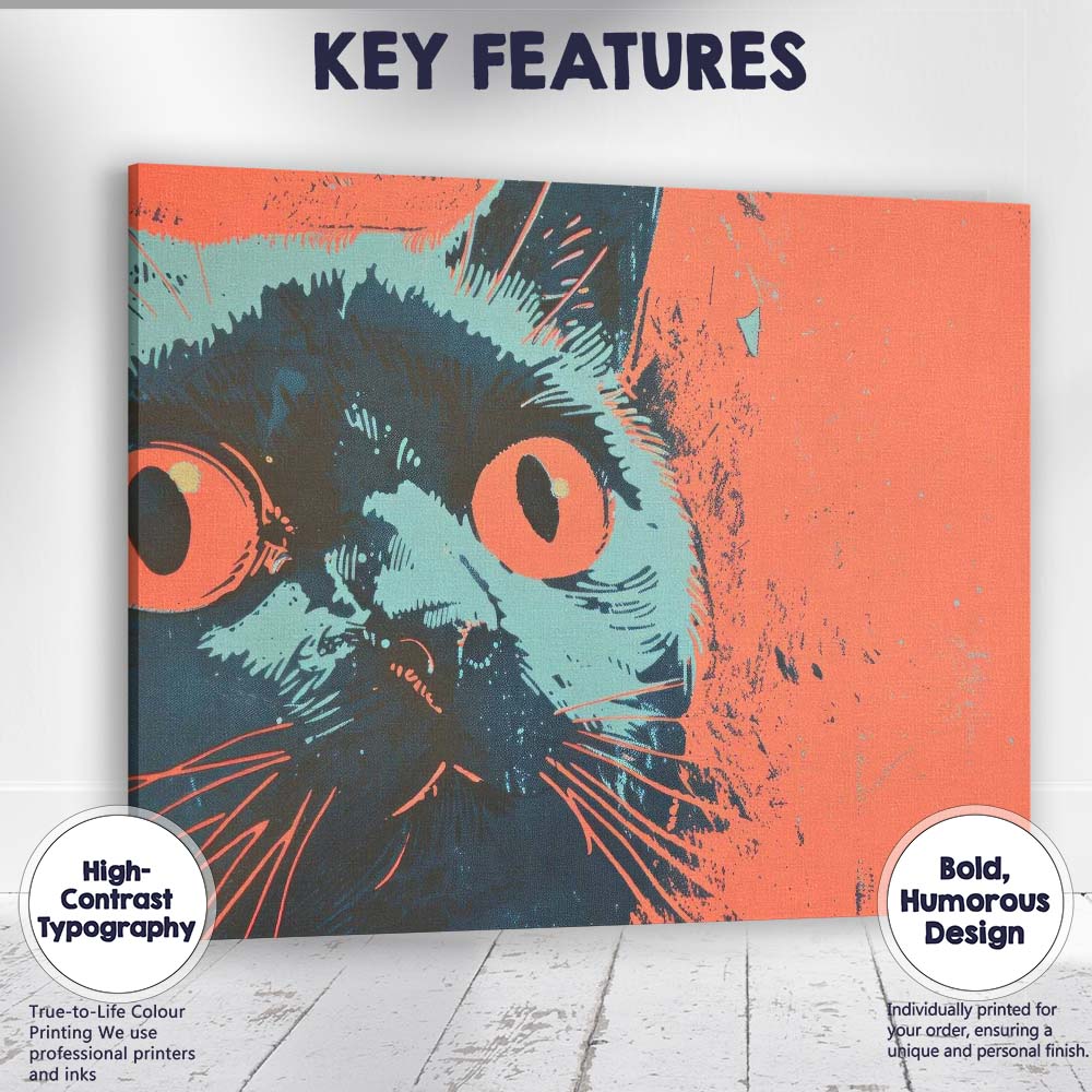 Retro Wide Eyed Black Cat Pop Art Illustration Canvas Wall Art Print Decor Picture Ready to Hang